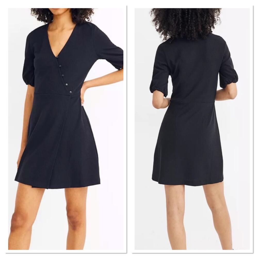 New Madewell Black Cross Front Button Dress Faux Wrap Puff Sleeve Retro Size XL - Picture 2 of 12